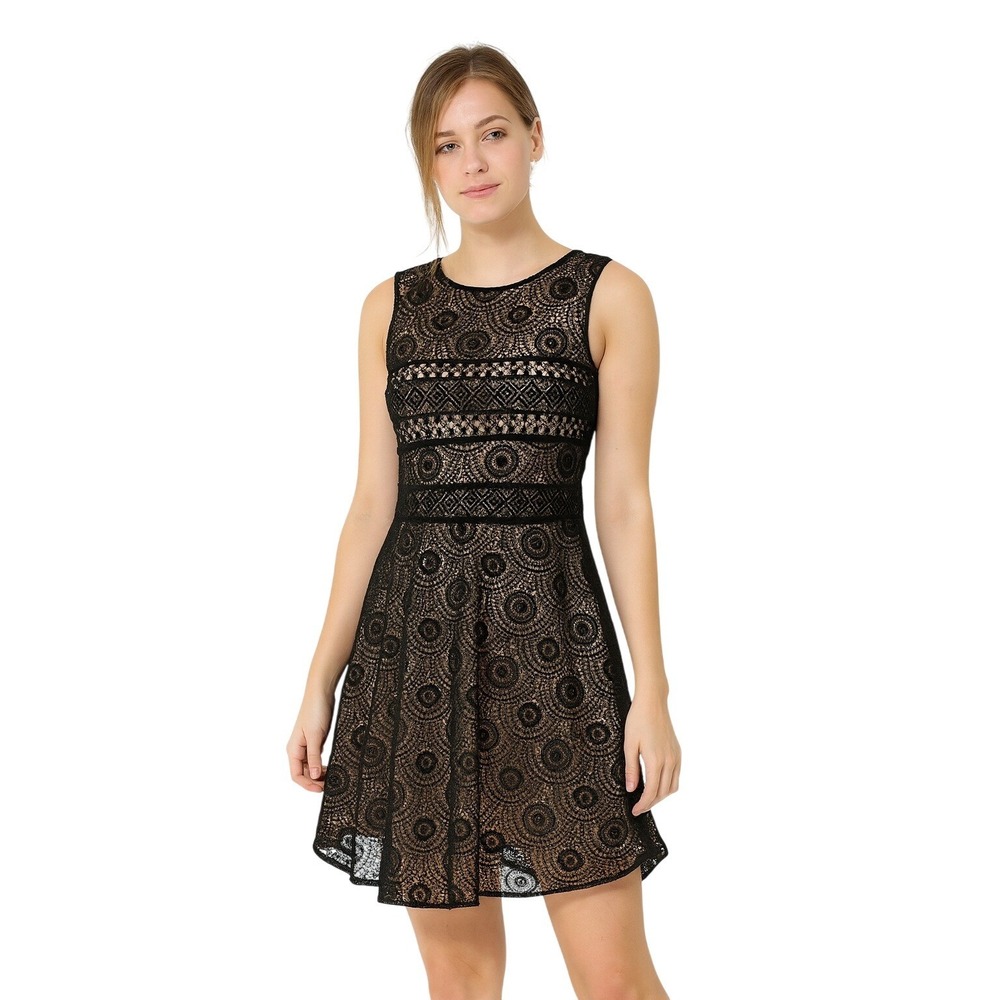 Zara Woman Sleeveless Dress Small Black Tan Lace Overlay Bodycon Elegant Party